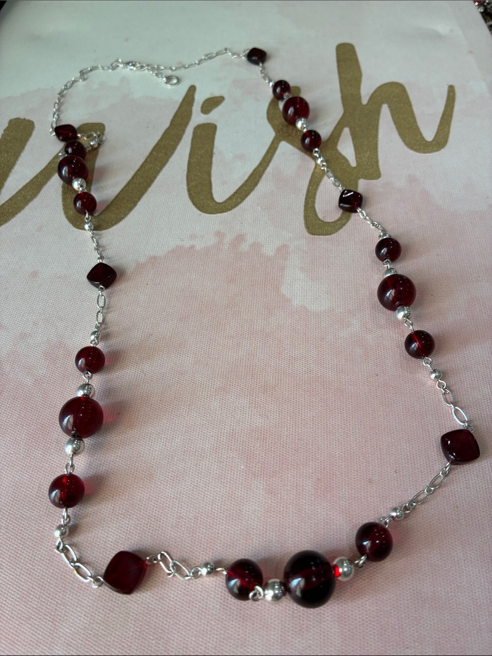 Silver Chain Necklace with Deep Red Beads - Elegant Women's Jewelry